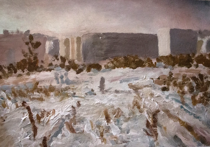 Winter on a hill near houses